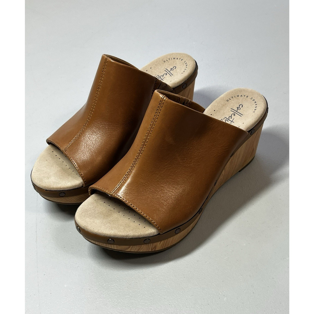 Clarks Collection Annadel Molly Leather Wedge Sandals Womens 8.5W Brown Slip On